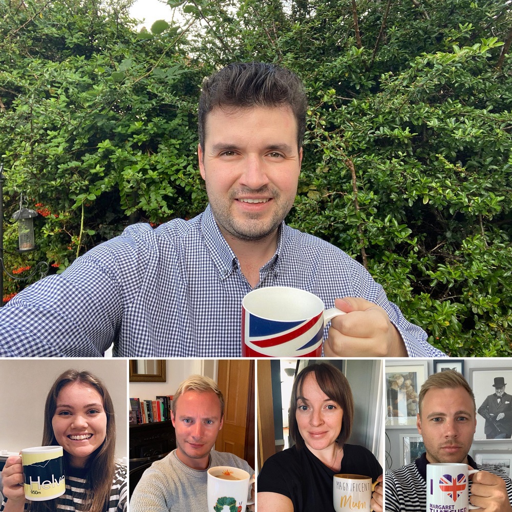 Collage of Elliot Colburn & Team raising a mug in support of Macmillan